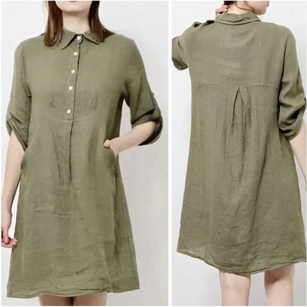 Elena Baldi Linen Dress L Olive Green Made in Italy Coastal Quiet Luxury Neutral